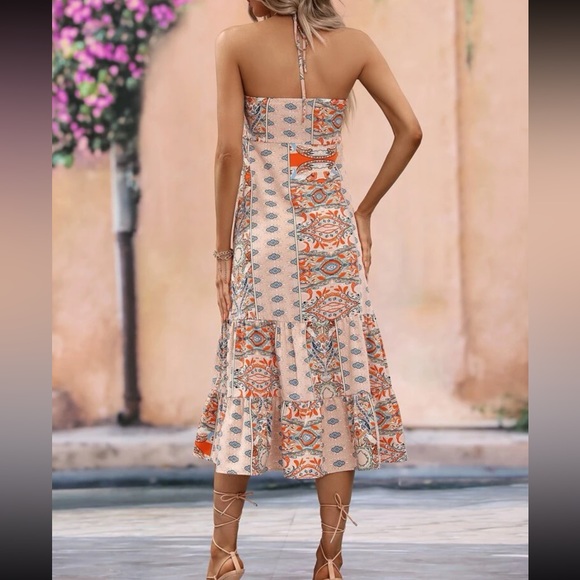 Boho Paisley Floral Print Tie Backless Ruched Bust Ruffle Hem Halter Dress - Picture 3 of 7